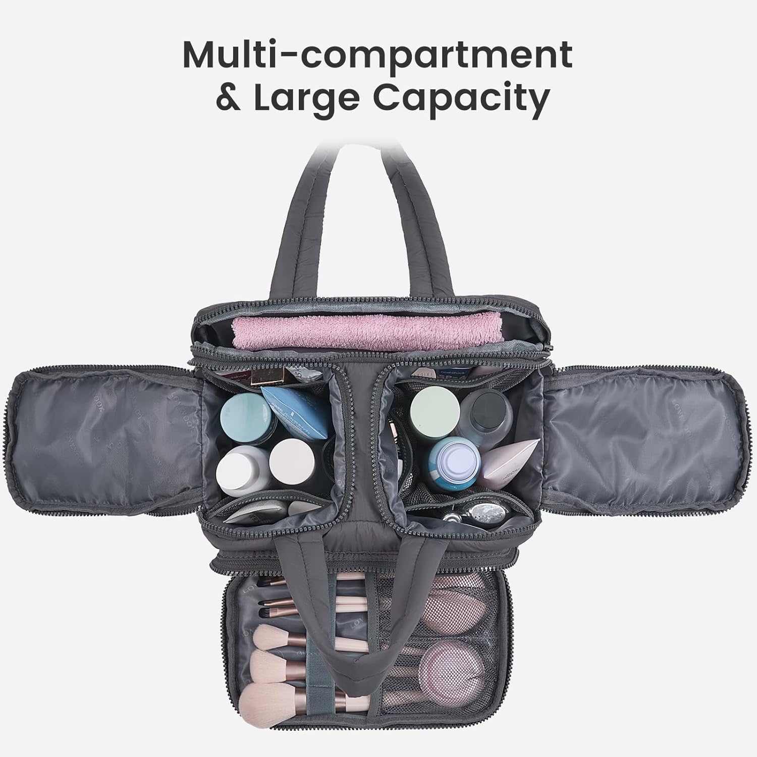 Detalle 2 de LOVEVOOK Kulturtasche Damen Groß – leichte Reise-Kosmetiktasche mit Nassfach und Griff, grau