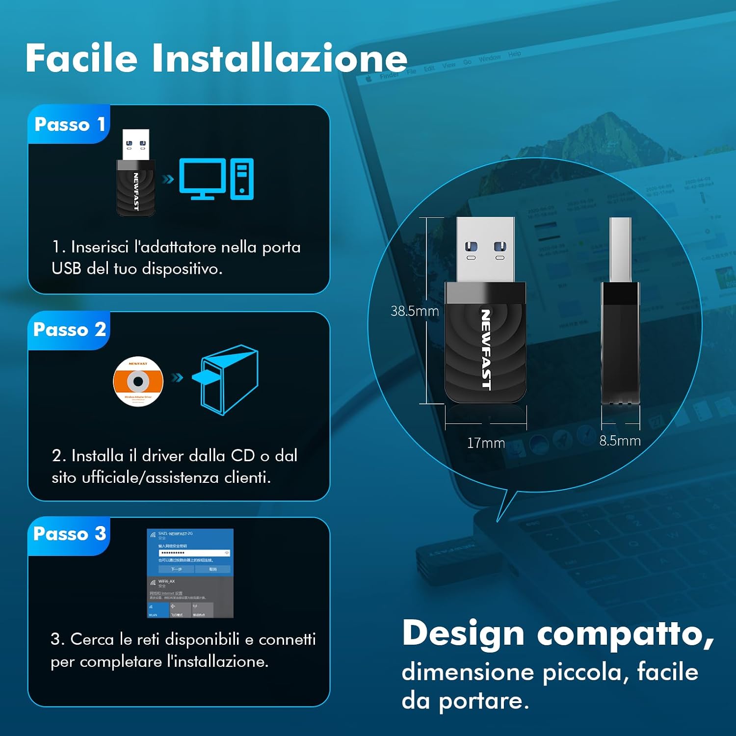 Thumbnail 6 de NEWFAST 1300Mbps WiFi USB per PC – Chiavetta Dual Band 2.4GHz/5GHz e MU-MIMO