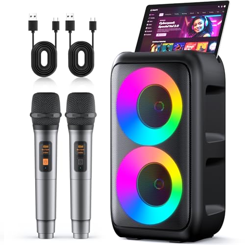 Detalle de Peski Karaoke Machine for Adults & Kids — 15W Portable Bluetooth PA System with 2 Mics, TWS, LED Lights, 10H Battery