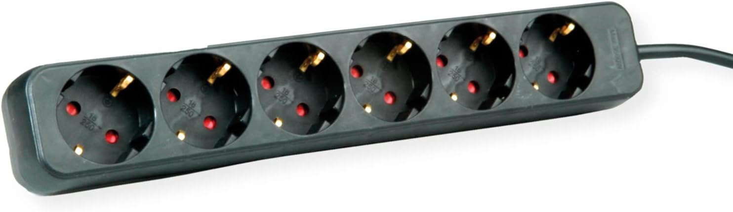 Detalle de ROLINE grenuttag med 3 uttag, 2 USB-portar och 6 m kabel