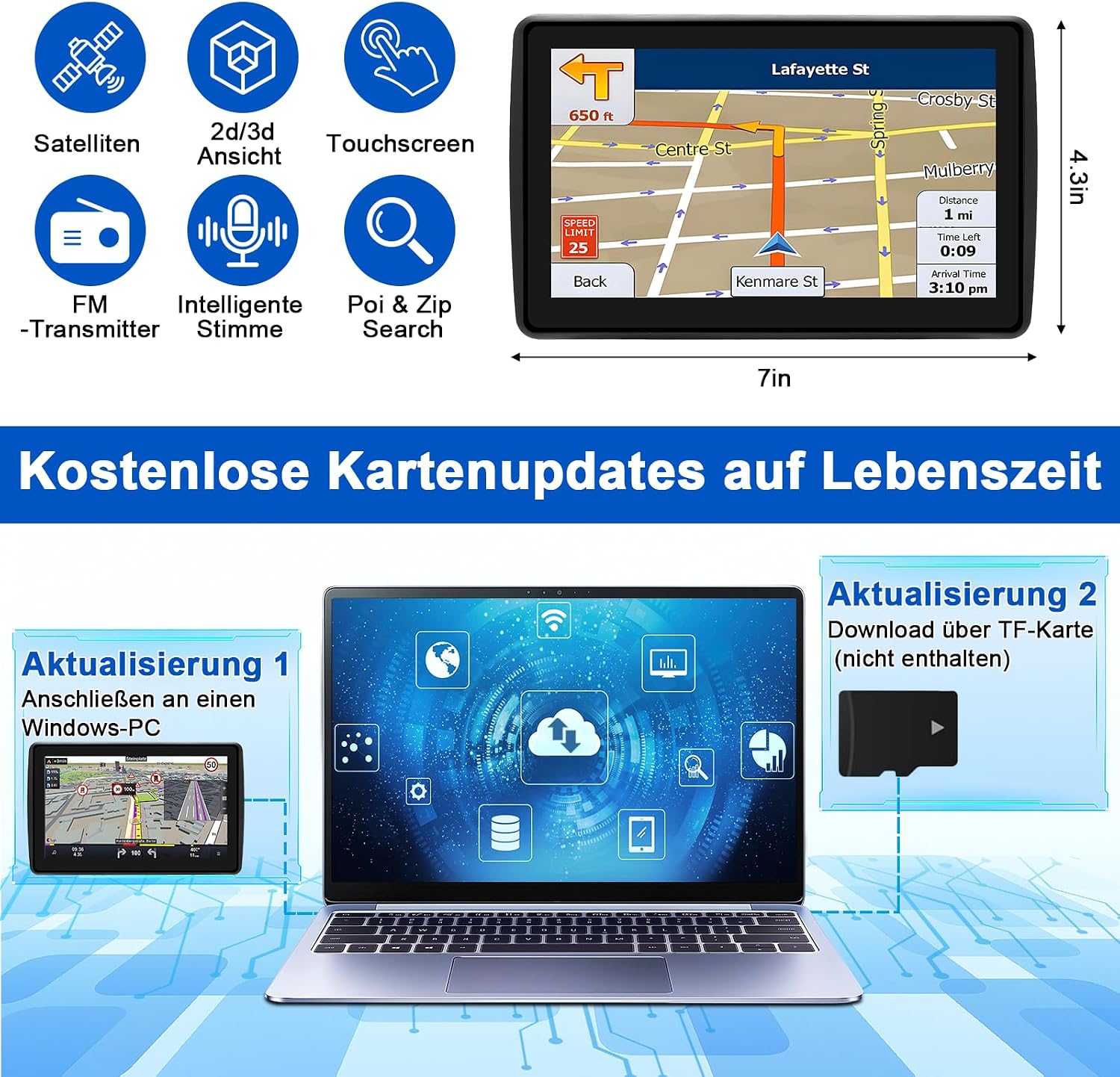 Detalle de Navigationsgeräte für Auto 7 Zoll – GPS mit Echtzeit-Verkehr, HD-Display und Sprachsteuerung