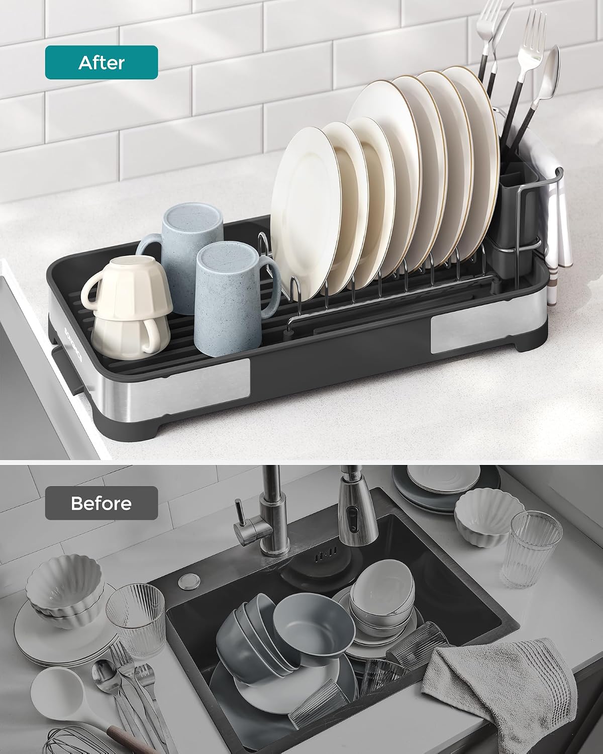 Detalle 2 de SONGMICS KCS034B01 Small Dish Drainer in Stainless Steel, with Drip Tray