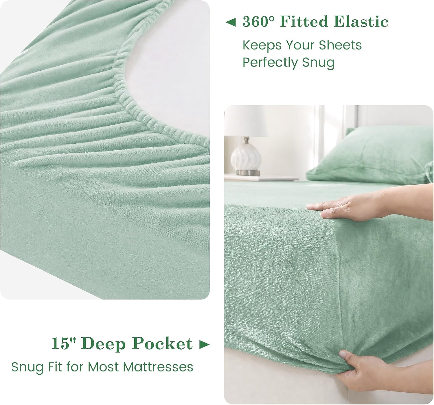 Detalle de Viviland VSHTSEAQ Plush Micro Polar Fleece Queen Sheet Set, Sage Green, 200 GSM