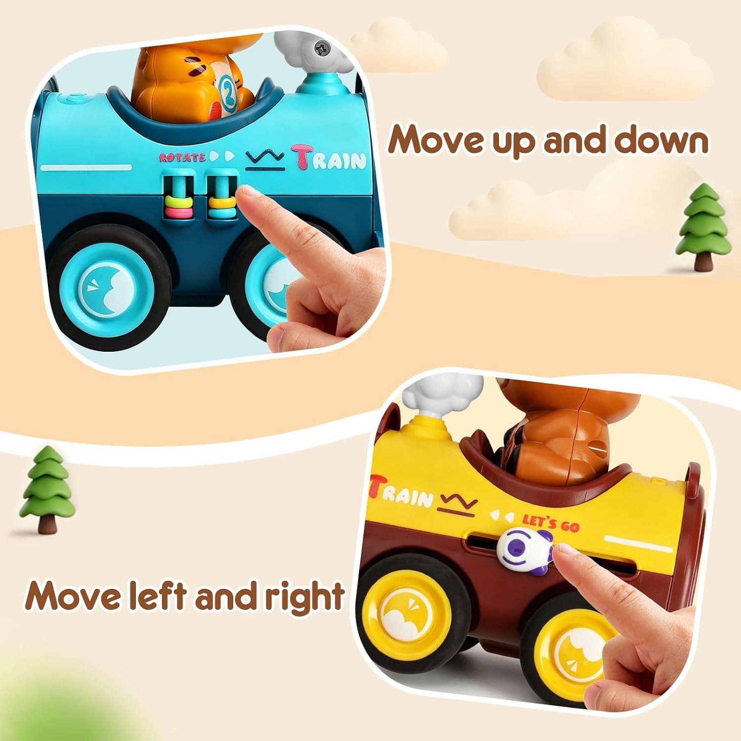 Detalle de MOONTOY Magnetic Press-to-Go Animal Cars, 4-Piece Set with Finger Puppets