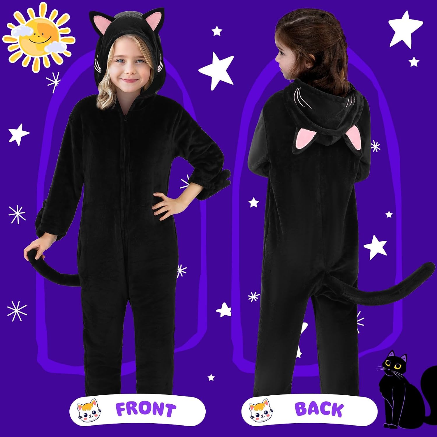 Detalle 2 de Joycover Black Cat Costume Onesie for Girls with Hood, Tail and Paw Gloves