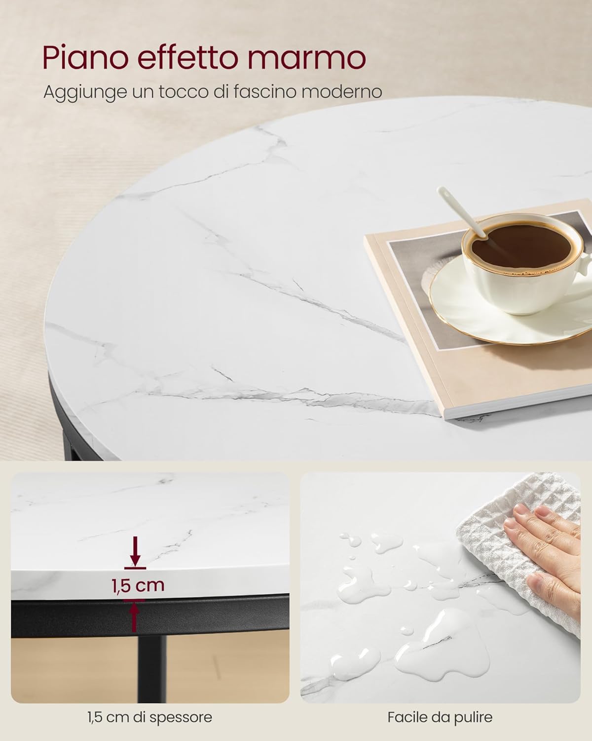 Detalle de VASAGLE Tavolino da Salotto Rotondo LCT072W13: tavolino moderno con piano effetto marmo e ripiano in vetro temperato