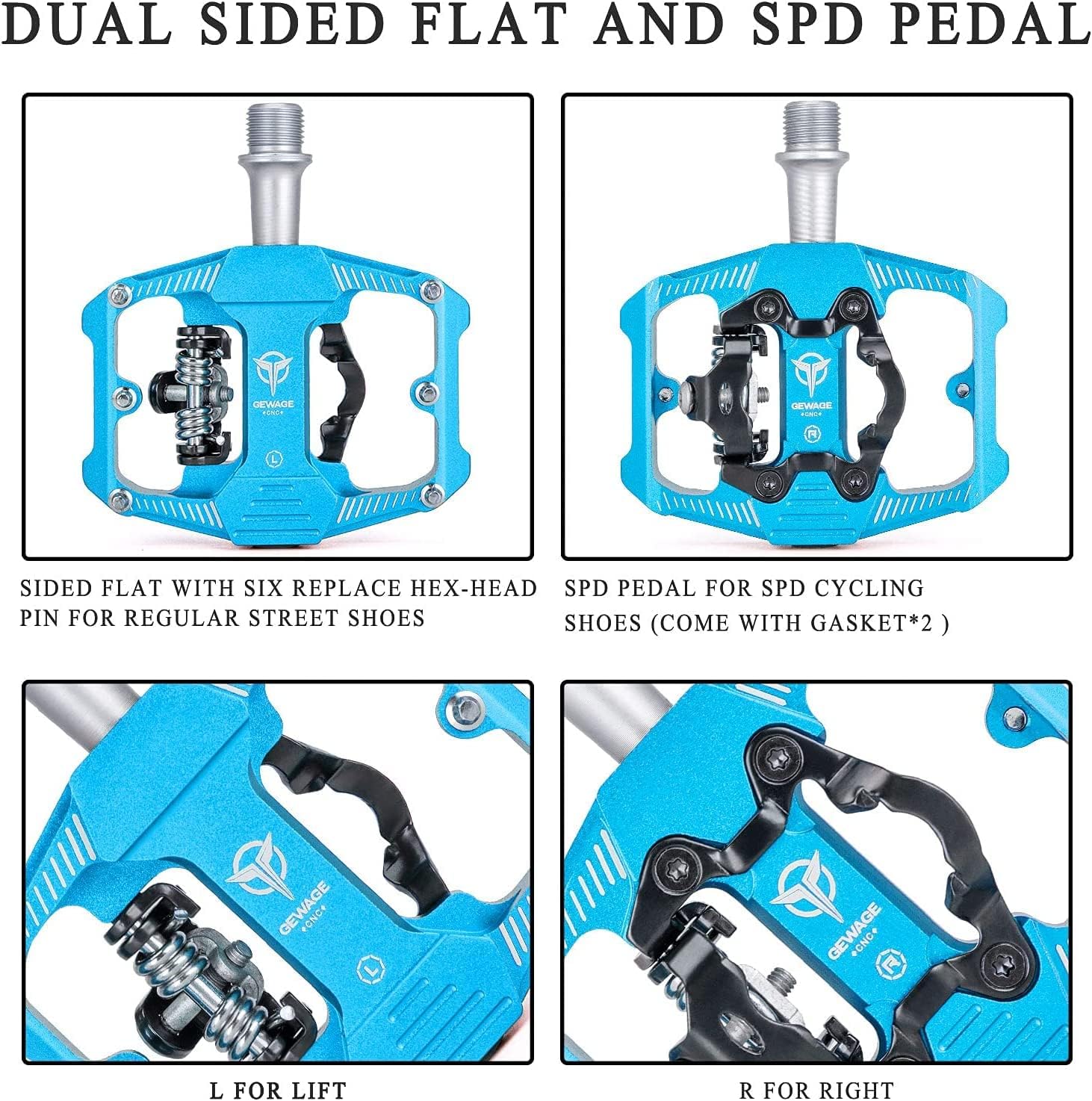 Thumbnail 6 de GEWAGE pedali per bicicletta SPD doppio lato con piattaforma antiscivolo e inserti MTB, 9/16”