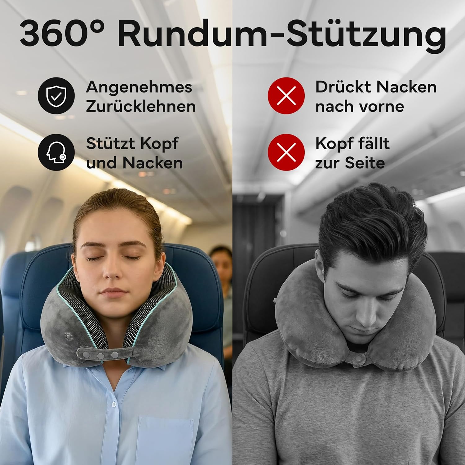 Thumbnail 4 de NEOLYMP Nackenkissen Flugzeug mit Kinnstütze – Memory Foam Reisekissen mit 360° Support, verstellbar 35–48 cm, inkl. Tasche und Kofferband