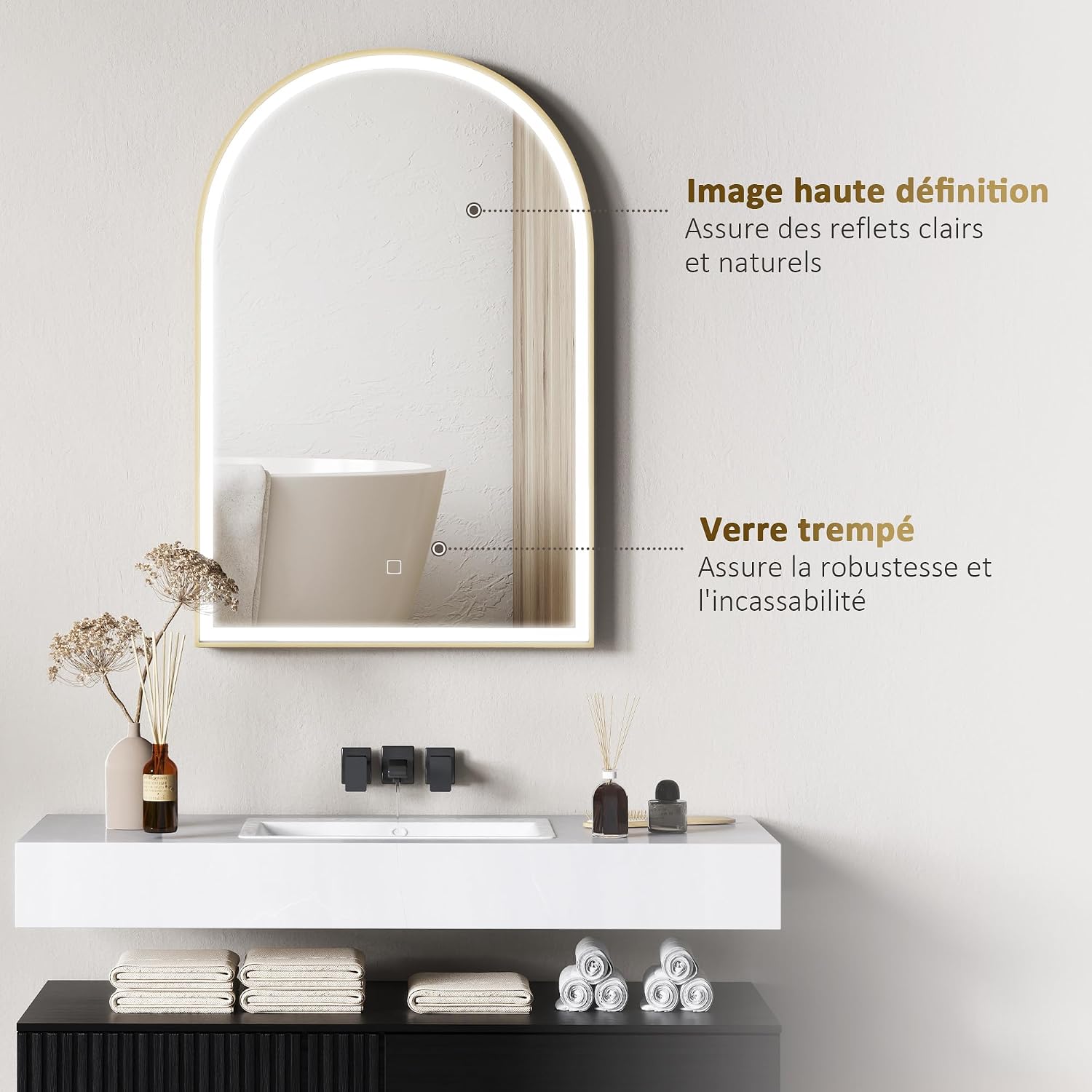 Thumbnail 4 de HOMCOM Miroir Salle de Bain LED 90x60 cm doré