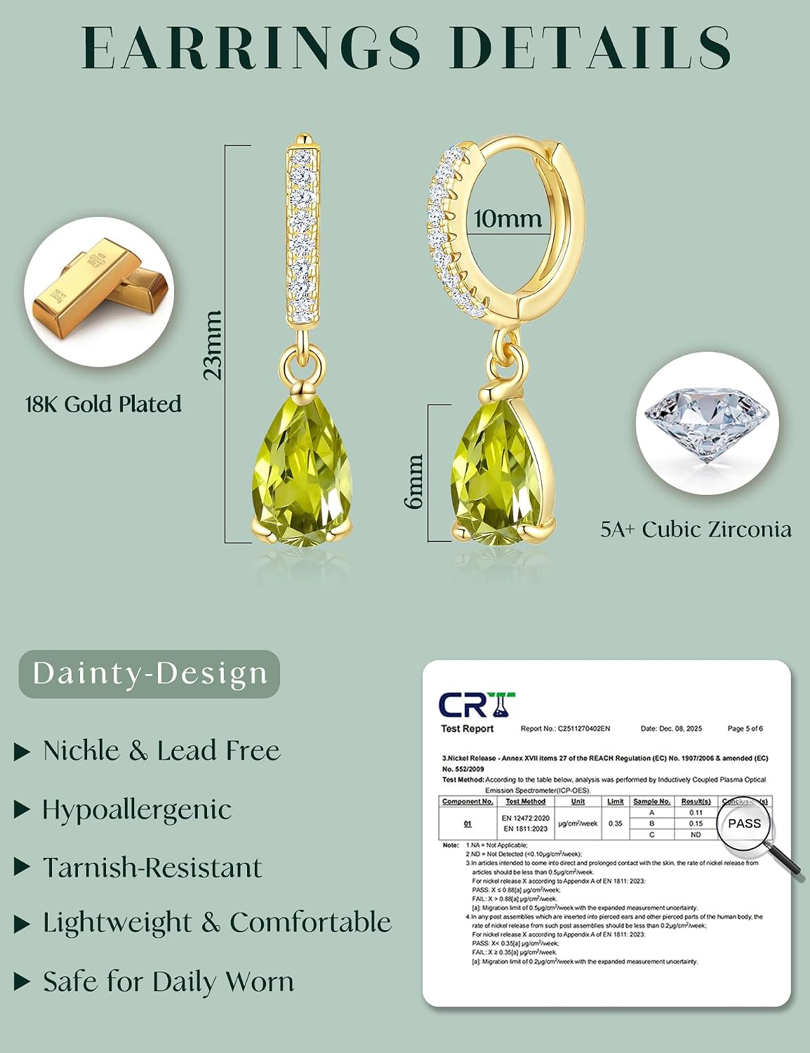 Detalle 2 de ZNBOH Goldene Hängende Ohrringe mit Geburtsstein & Zirkonia – 18K vergoldet