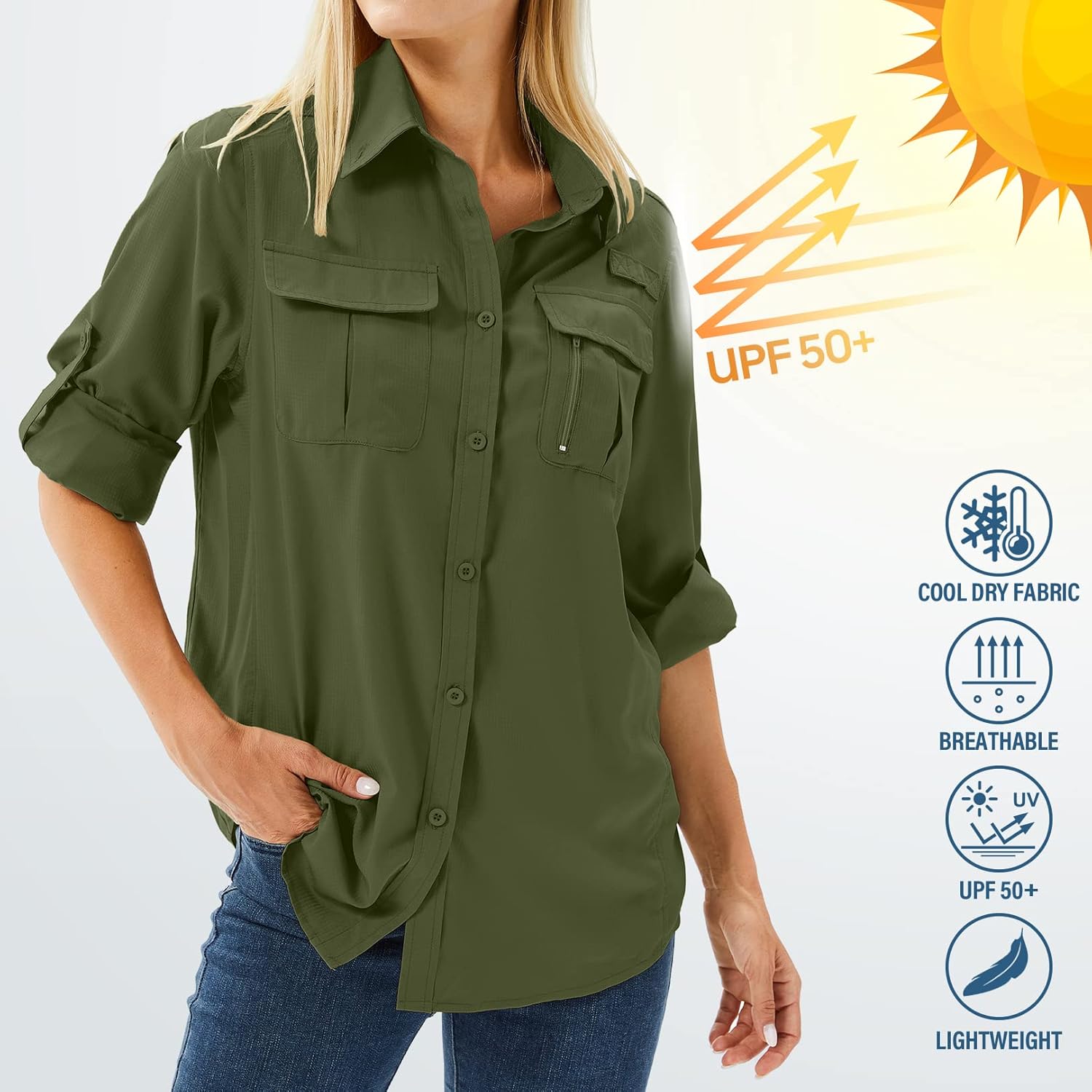 Thumbnail 4 de yeyity Damen-Hemdbluse mit UPF 50 UV-Schutz, Langarm & Schnell trocknend (Outdoor/Safari)