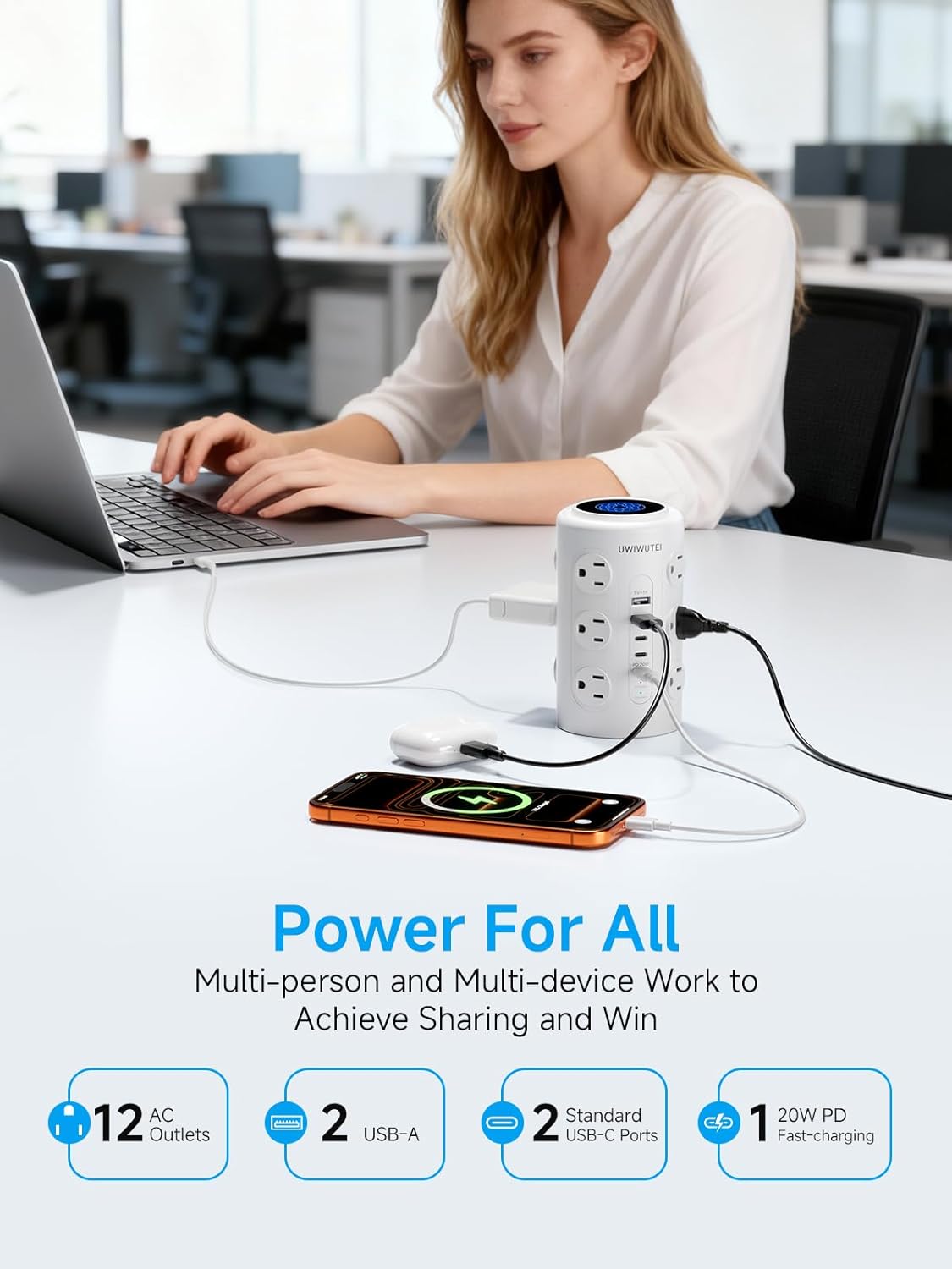Thumbnail 2 de Tower Power Strip with 20W Dedicated USB-C PD Port, 12 AC Outlets and 5 USB Ports (3 USB-C) — Desk Charging Station