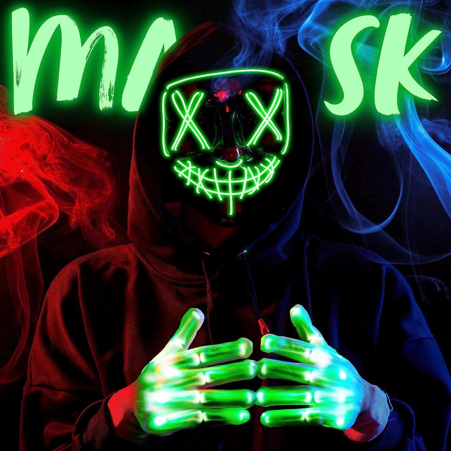 Thumbnail 1 de JOYIN Halloween LED Mask and Gloves, Green, 3 Flashing Modes
