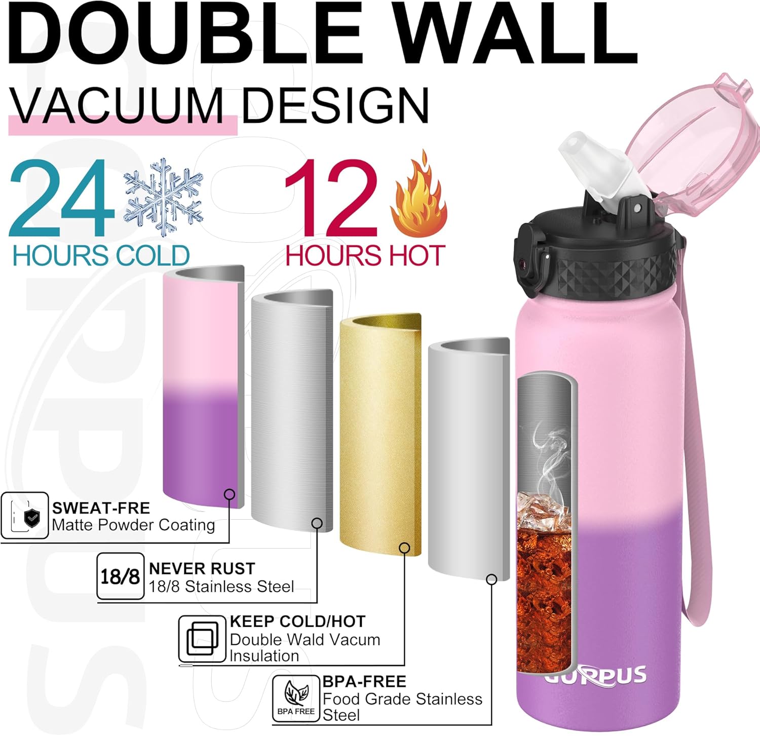 Thumbnail 4 de GOPPUS 600ml Stainless Steel Water Bottle with Straw | Double‑Wall Vacuum Insulated, Leakproof, BPA Free