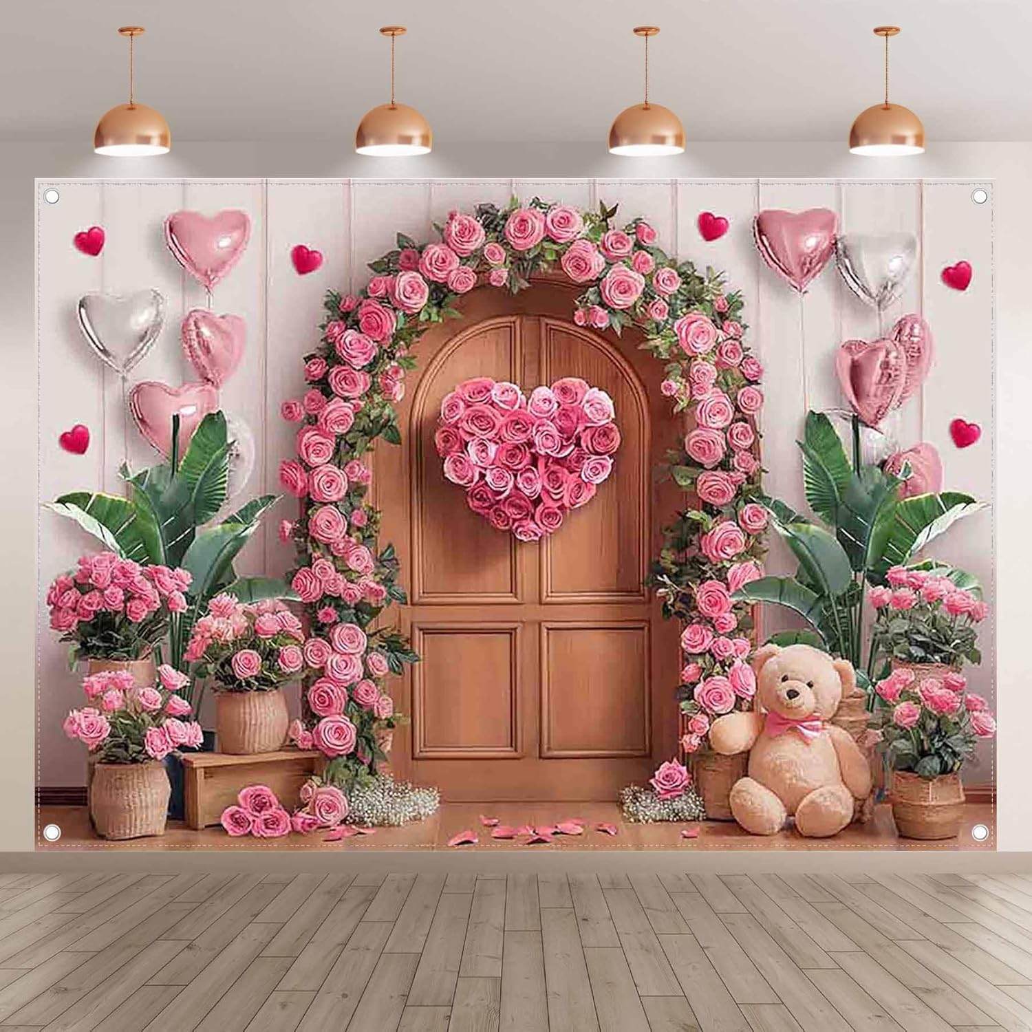 Thumbnail 1 de Luminora 7x5ft Fabric Valentine’s Day Backdrop in Pink Rose, Hearts and Wooden Door Design