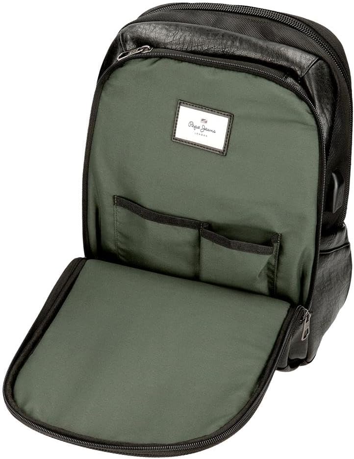 Detalle de Pepe Jeans Horley zaino in poliestere con dettagli in ecopelle, nero/marrone, per portatile fino a 13,3