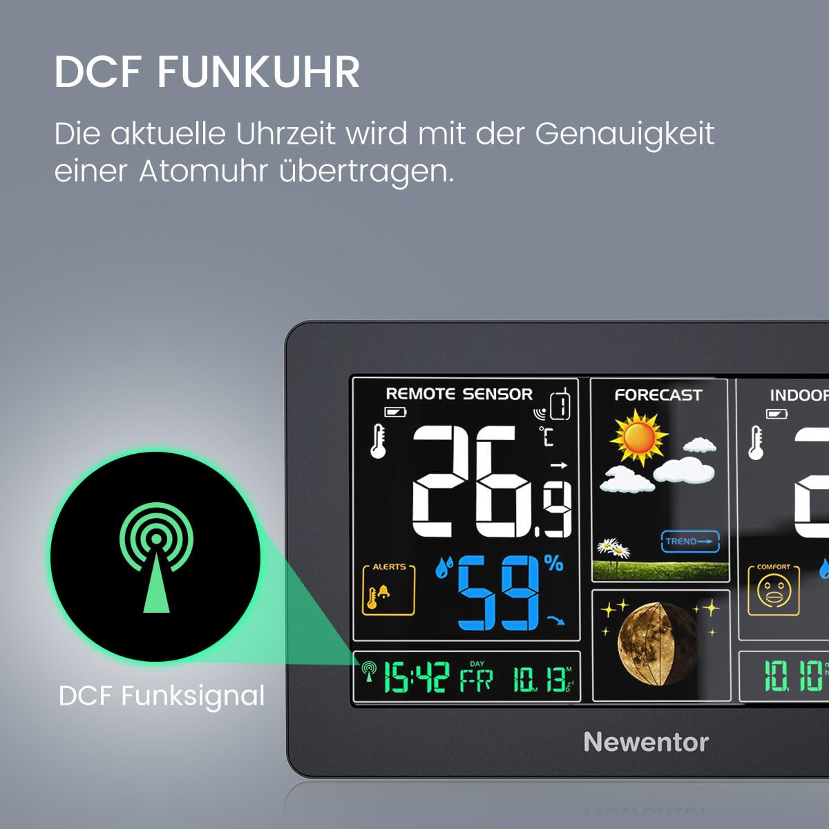 Detalle de Newentor Funk-Wetterstation mit Außensensor (DCF-Funkuhr) – Schwarz, mit Wettervorhersage & Temperaturwarnung