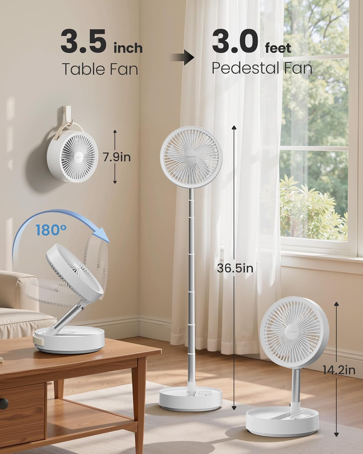Thumbnail 6 de Gaiatop Portable Pedestal Fan 16000mAh Power Bank with LED Light – Foldable, 4-Speed, 270° Head Rotation