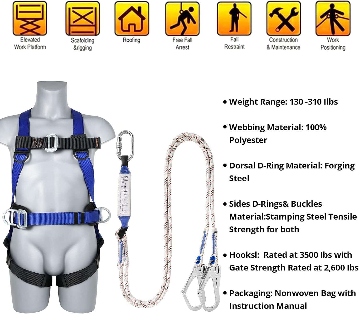 Detalle 1 de TT TRSMIMA Full-Body Fall Protection Kit with Shock-Absorbing Lanyard and Waist Pad