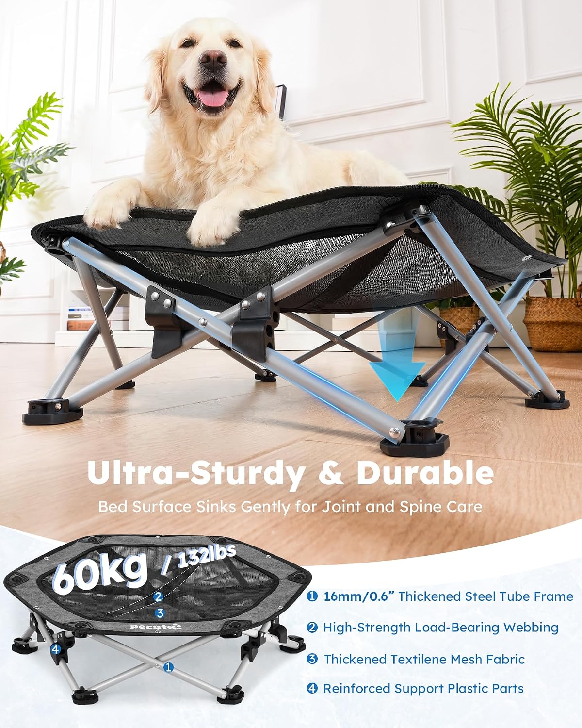 Detalle de Pecute Outdoor Hundeliege erhöht mit Kühlmatte – Selbstkühlend, faltbar, 60 kg Tragfähigkeit, Grau