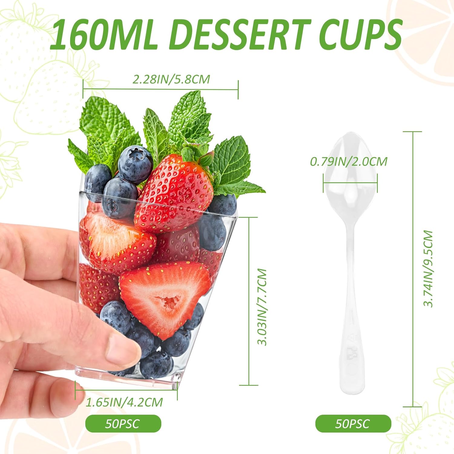 Detalle 2 de Ouxayapl Dessertgläser aus Plastik 5 OZ / 160 ml (50 Stück) inkl. 50 Löffel – transparente Dessertbecher für Eis, Mousse & Joghurt