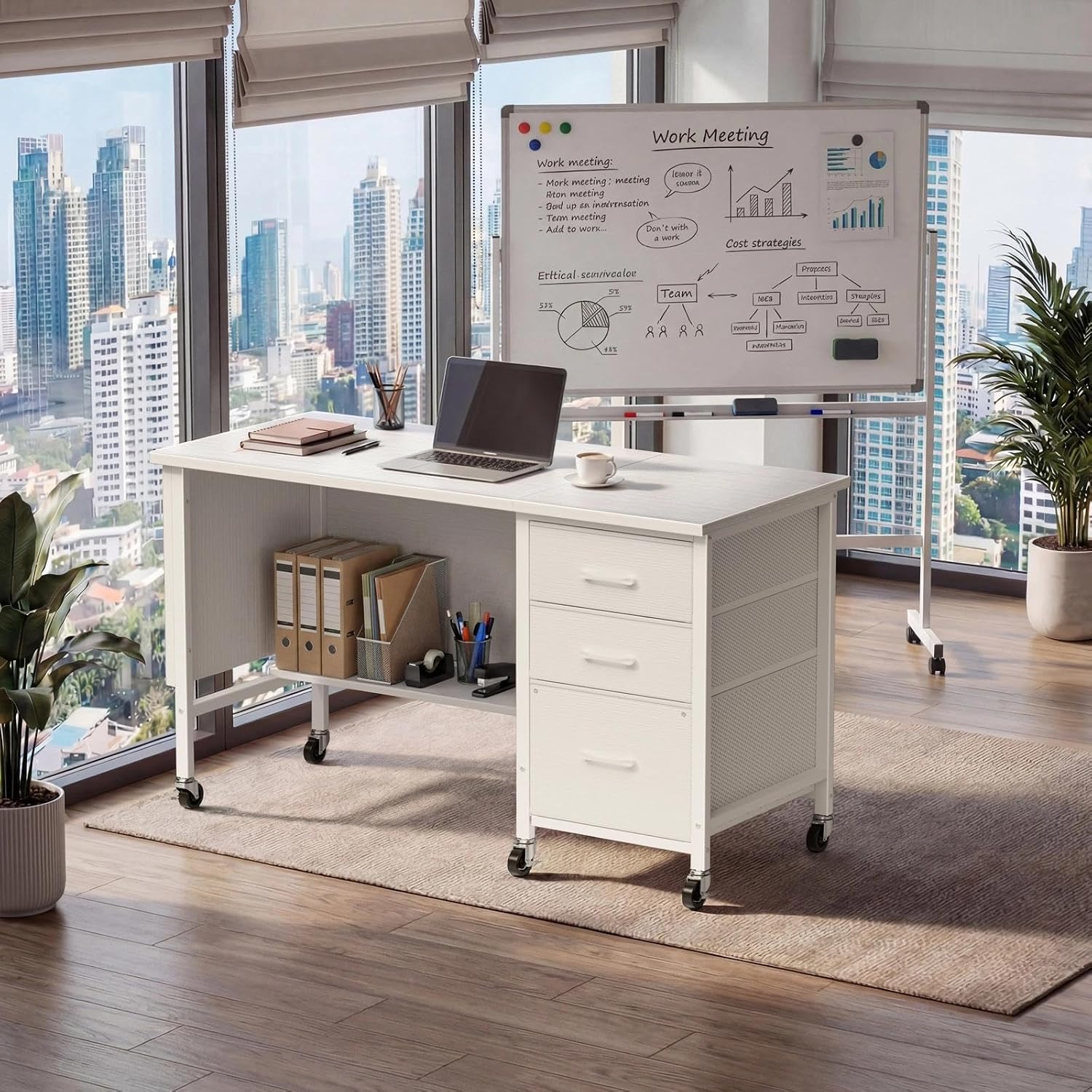 Detalle 2 de WINAZ WIN-RTD47-WT Rolling Teacher Desk, 3 Drawers, Privacy Panels