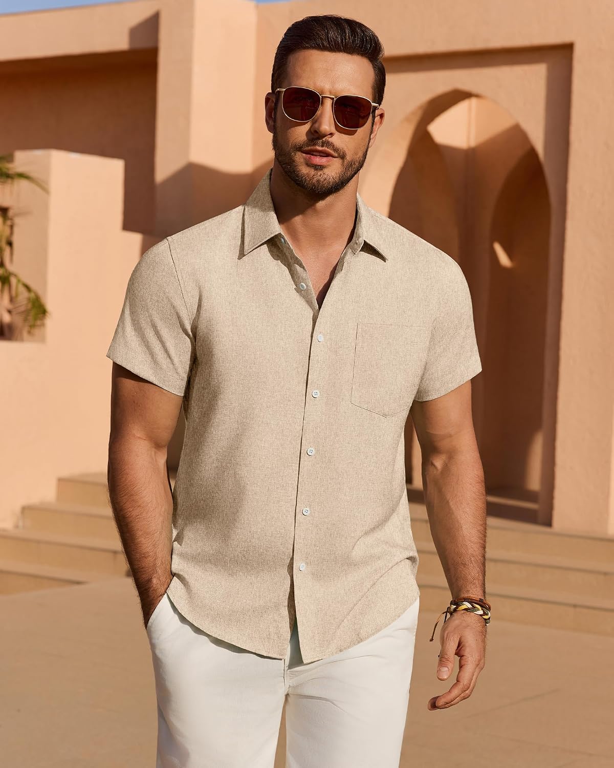 Detalle de ROUWELL Men's Linen-Blend Short-Sleeve Button-Down Shirt, Relaxed Fit