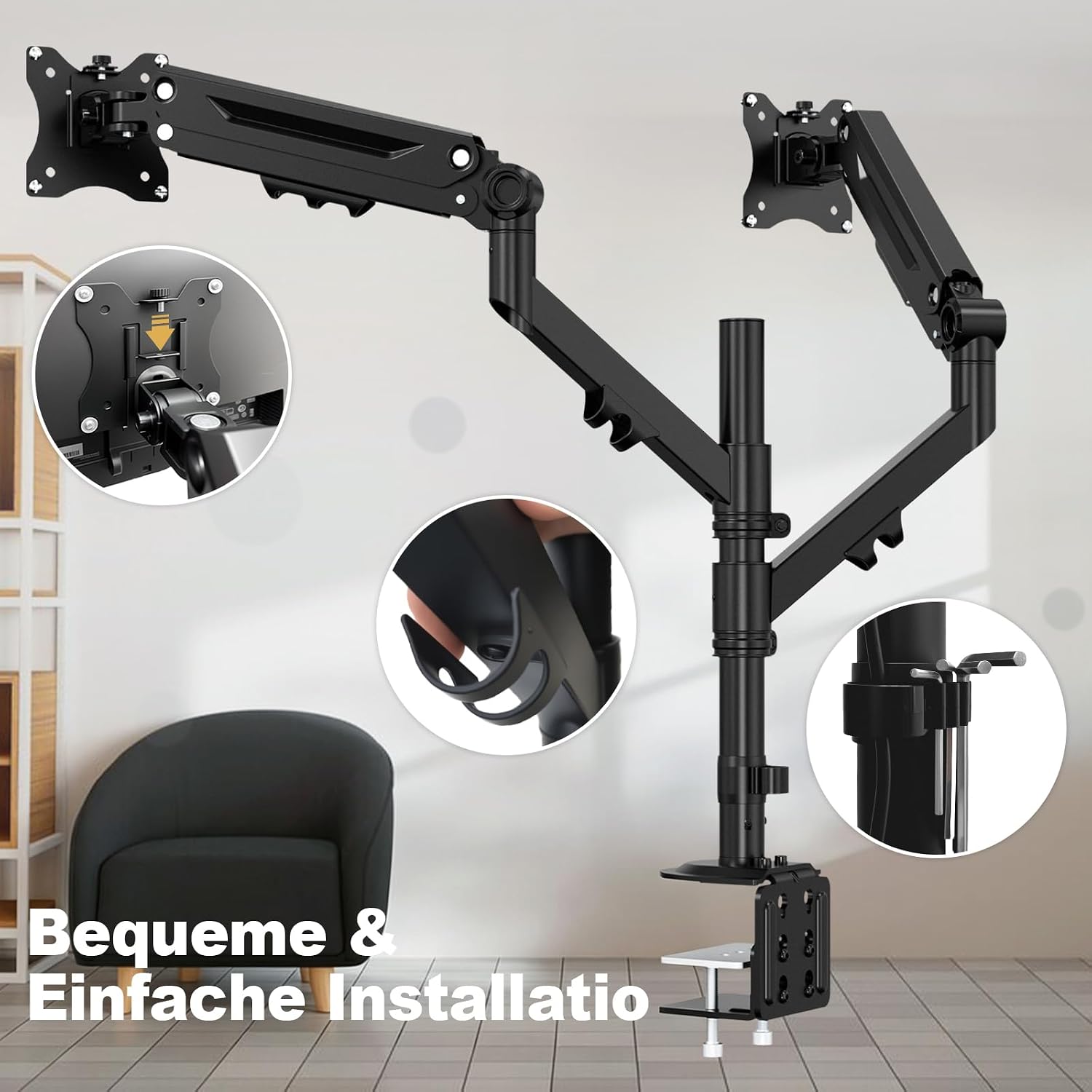 Detalle de STANDOPIA Monitor Halterung 2 Monitore für 17–40 Zoll (bis 12 kg), VESA 75/100, vertikal & parallel