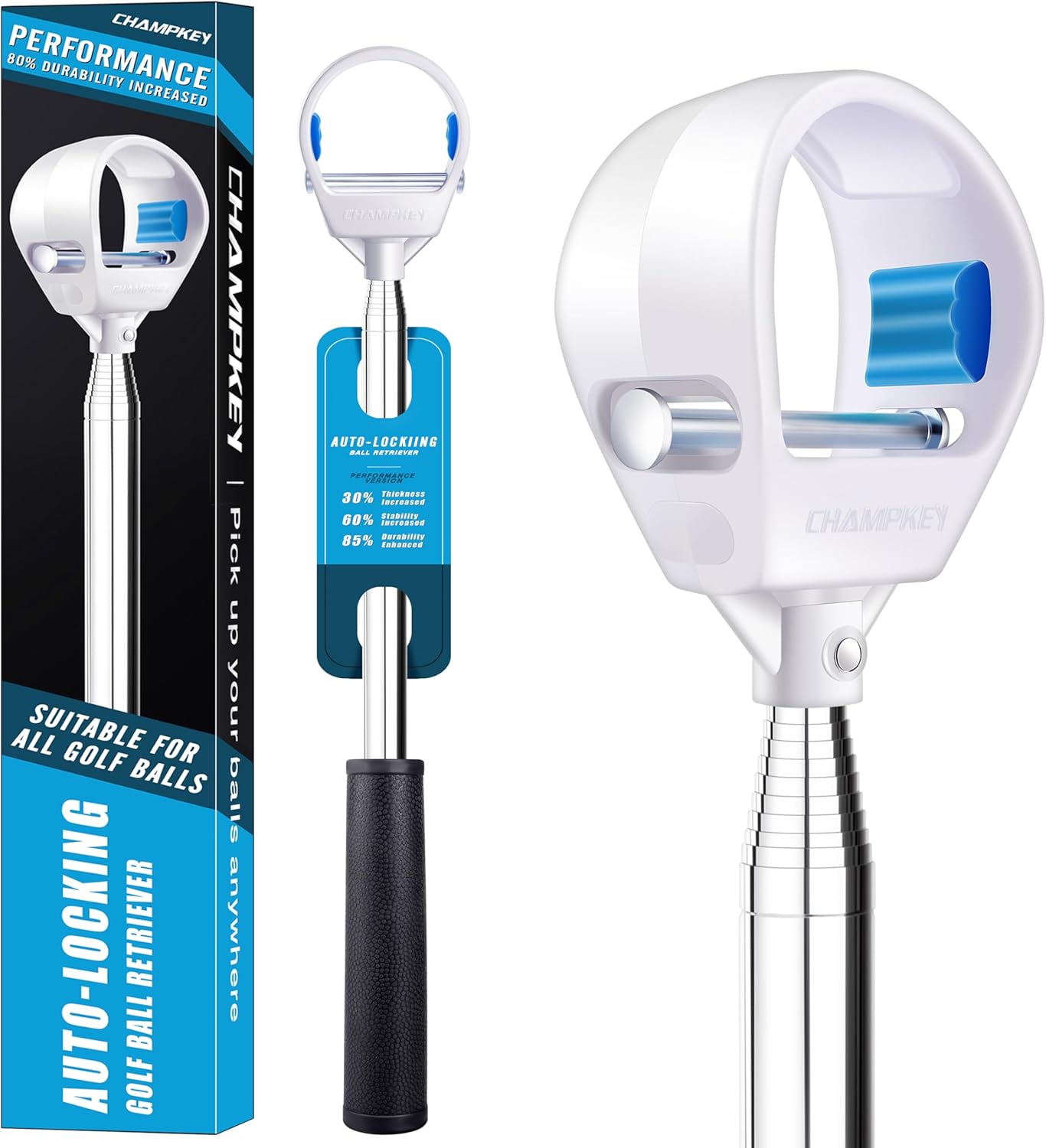 CHAMPKEY Pro Auto-Lock Golf Ball Retriever – Reinforced Telescopic Shaft with Quick-Lock System