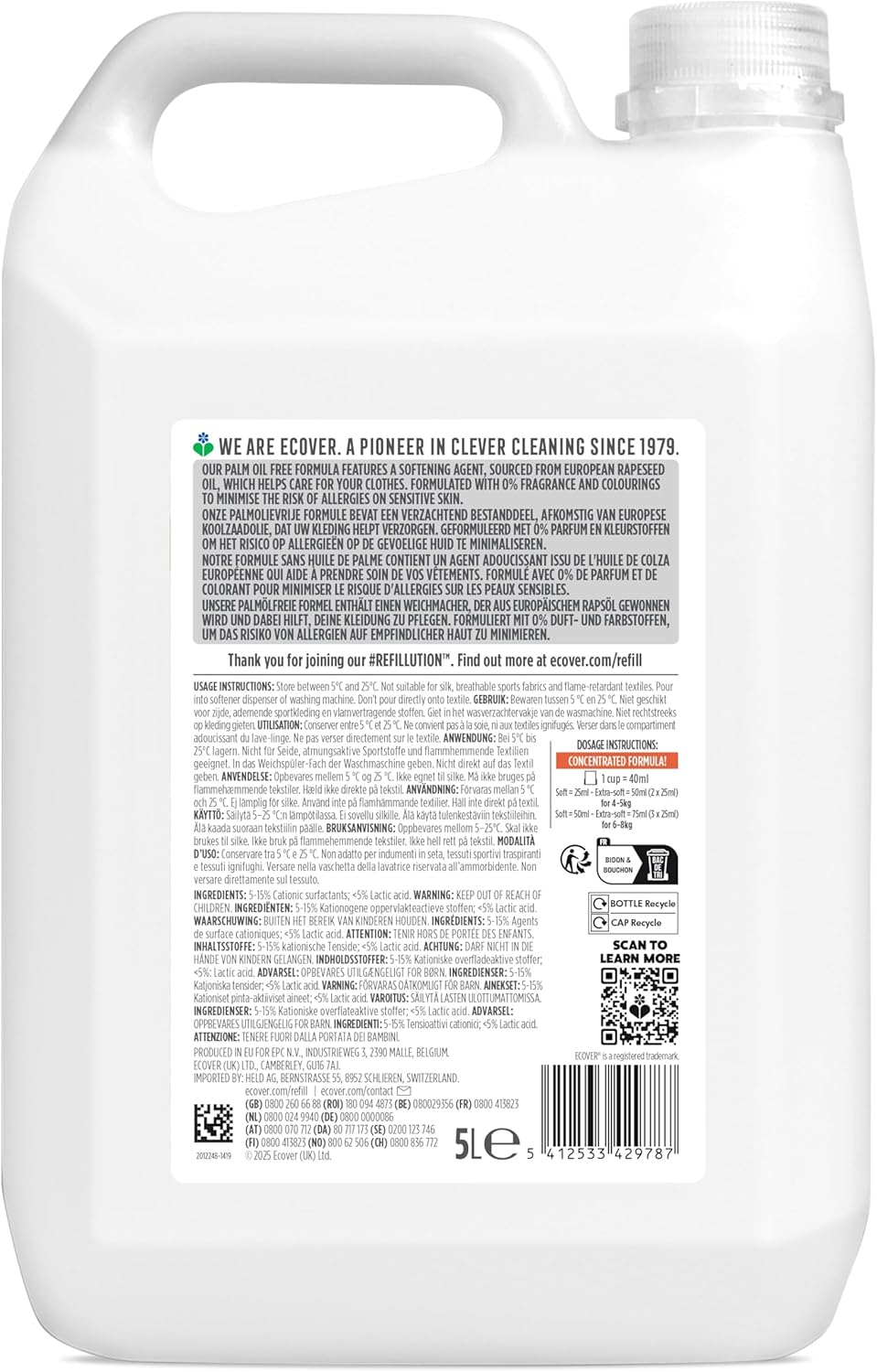 Detalle de Ecover Zero Adoucissant Liquide 5L – Hypoallergénique, pour peaux sensibles