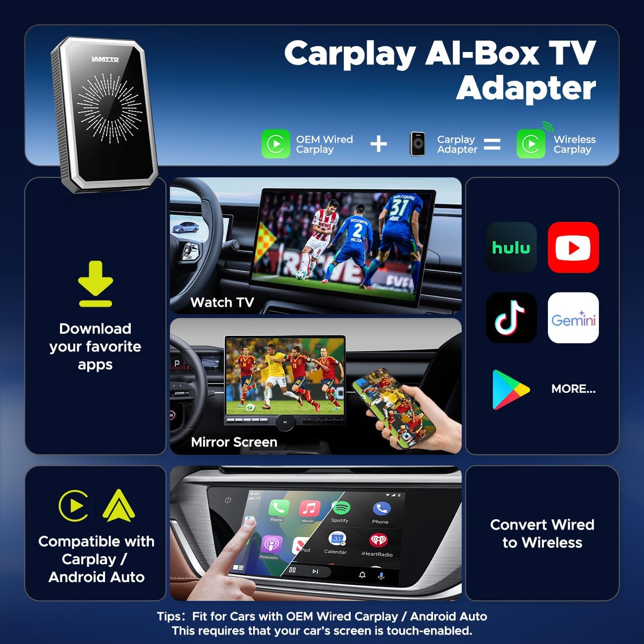 Thumbnail 1 de LAMTTO Wireless CarPlay Adapter with Gemini AI: Full Google Play, 4GB RAM + 32GB Storage