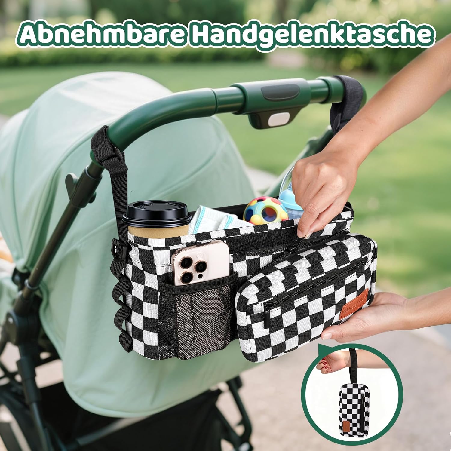 Detalle 2 de Guiseapue Universal Kinderwagen-Organizer – Getränkehalter, Becherhalter und großzügige Aufbewahrung für unterwegs