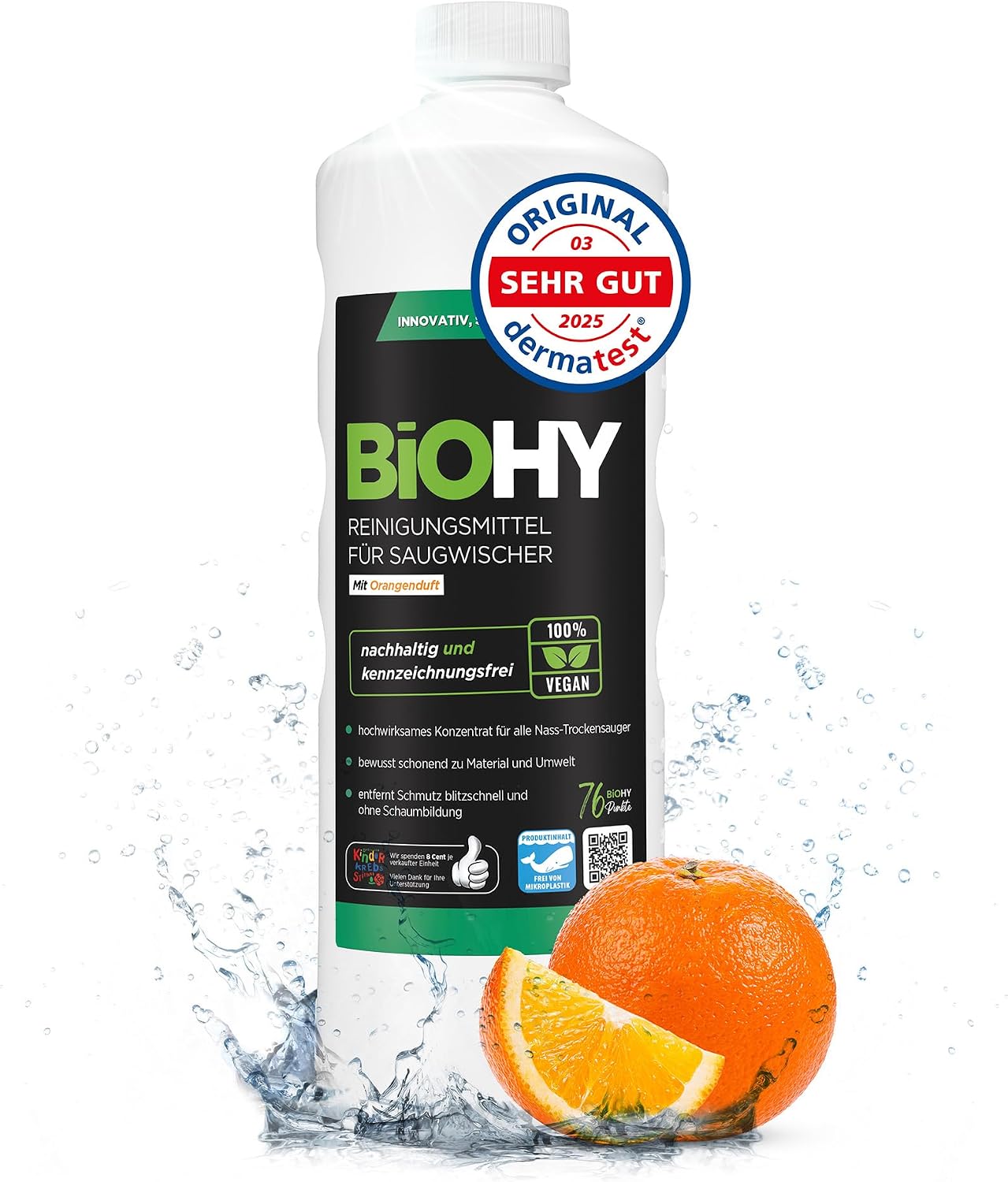 Detalle de BiOHY Reinigungsmittel für Saugwischer mit Orangenduft – 1-Liter-Flasche, 1:200 Konzentrat, schaumarm