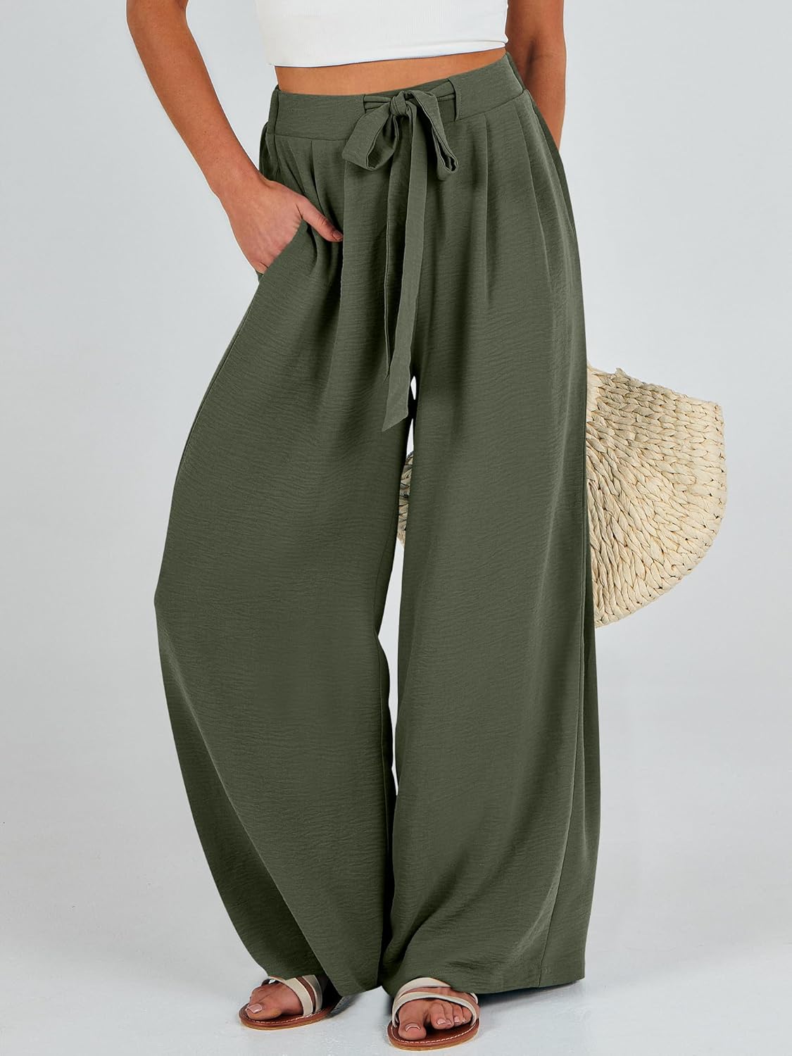 Detalle de Caracilia Wide Leg Palazzo Pants for Women – Summer High Waist, Flowing Beach Ready Lounge Trousers
