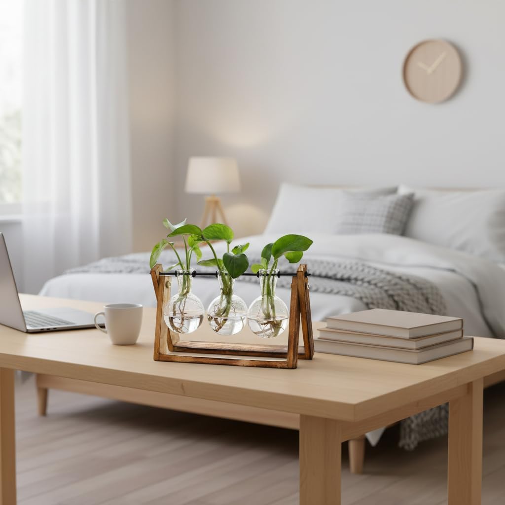 Detalle 1 de XXXFLOWER 3-Bulb Plant Terrarium with Wooden Stand and Glass Vases