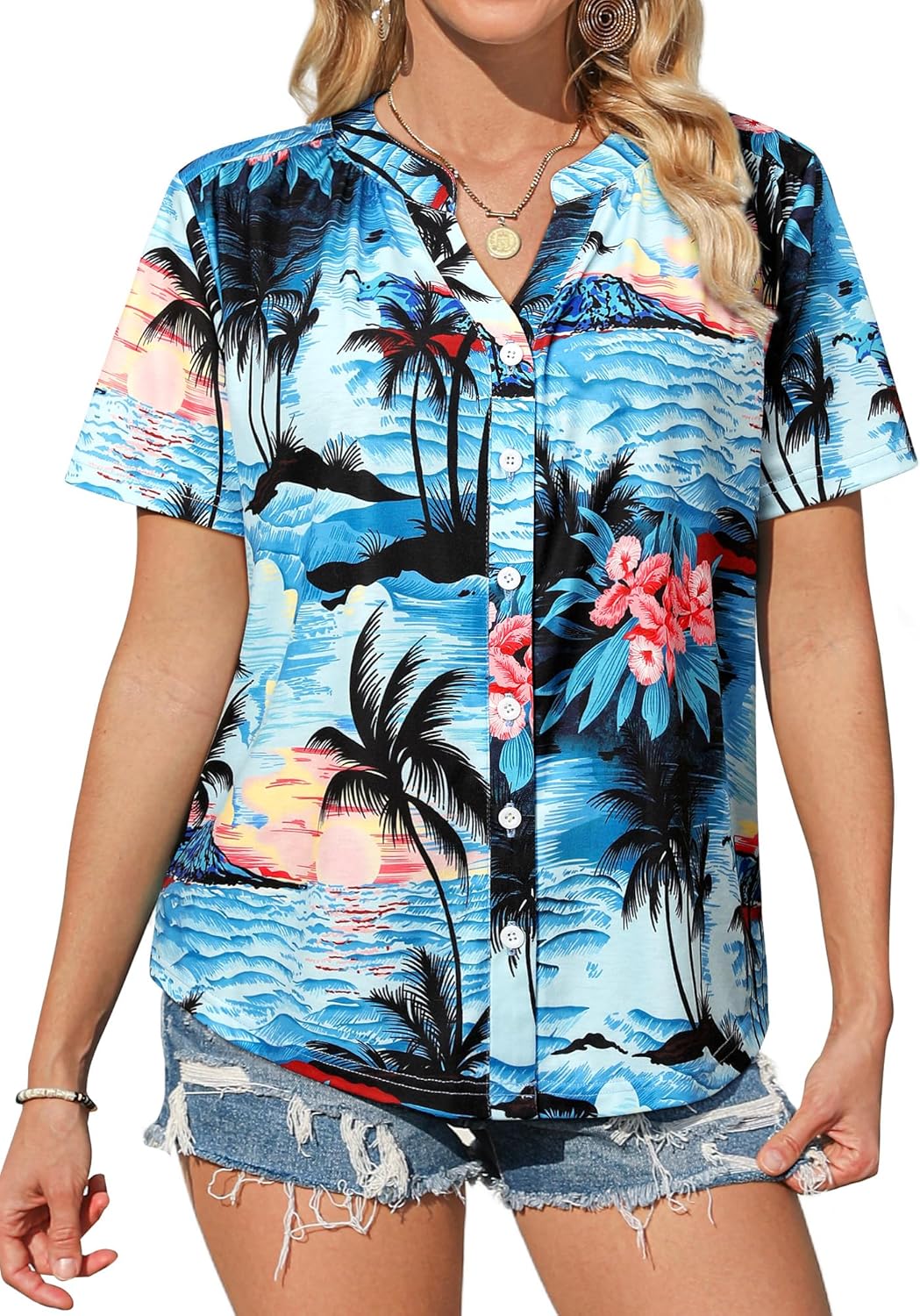 Detalle 2 de WIEIYM Womens Hawaiian Floral V-Neck Short Sleeve Shirt