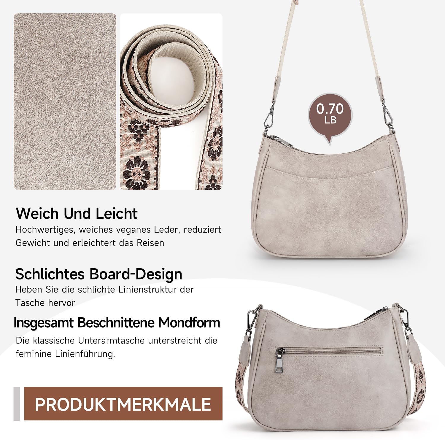 Thumbnail 2 de APHISON Klein Crossbody Bag mit breitem Gurt – graue Umhängetasche aus veganem Leder mit abnehmbarem Schultergurt