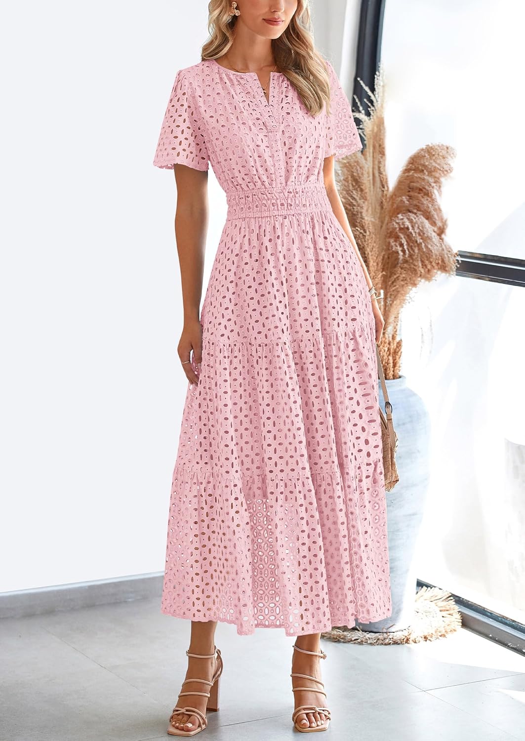 Detalle de PRETTYGARDEN Womens 2026 Summer Maxi Dress with Eyelet and V-Neck