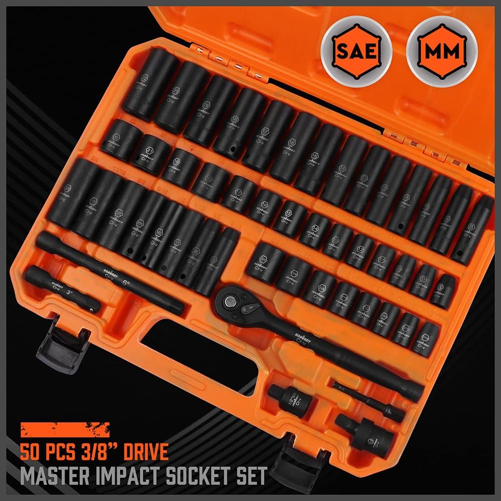 Detalle 2 de HORUSDY HORUSDY-38-SAE-METRIC-50PC 3/8-Inch Drive Impact Socket Set, SAE and Metric