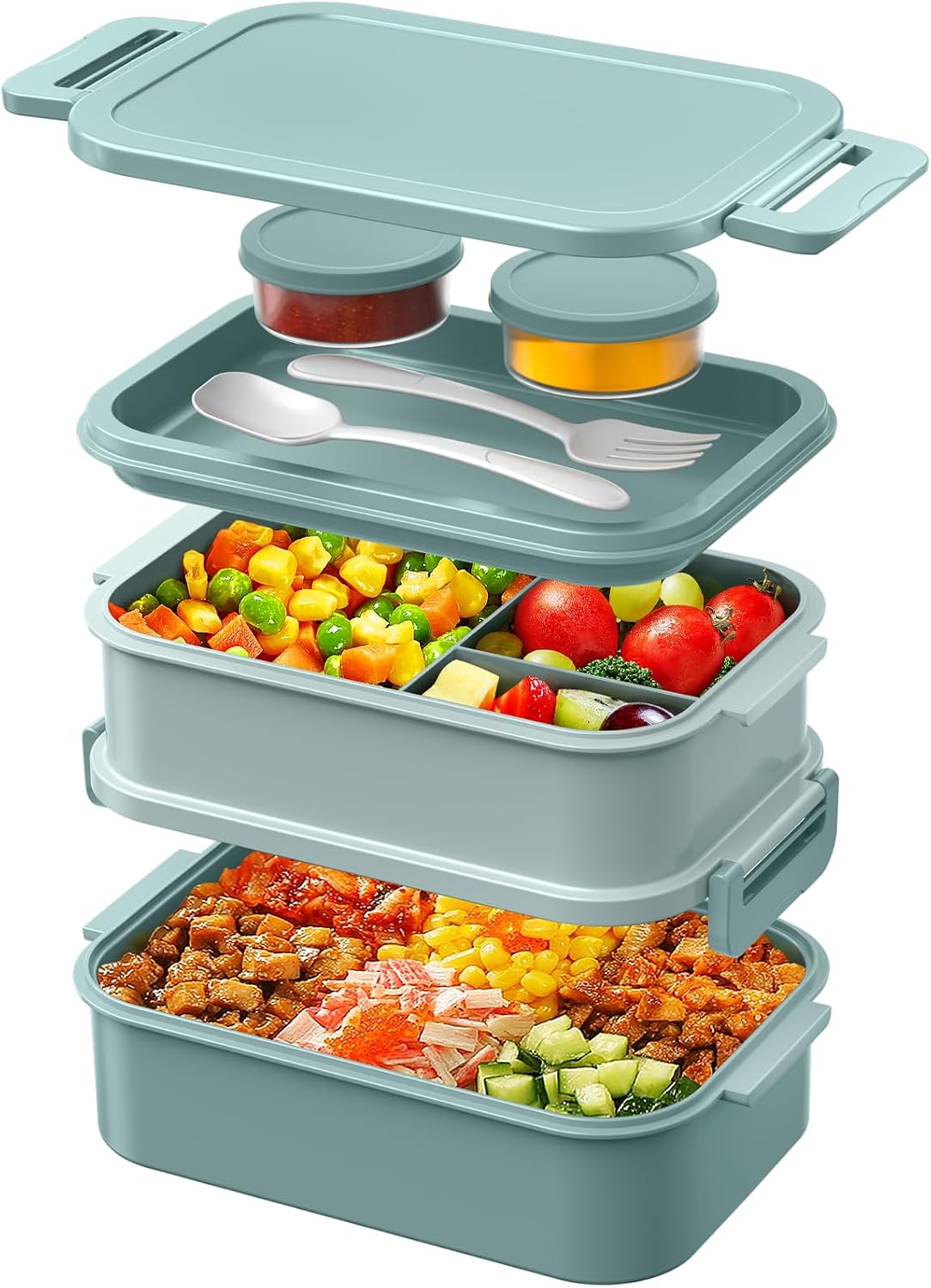 Detalle de WayEee lunchbox voor volwassenen, 2130 ml, 3 vakken, lekbestendig, groen