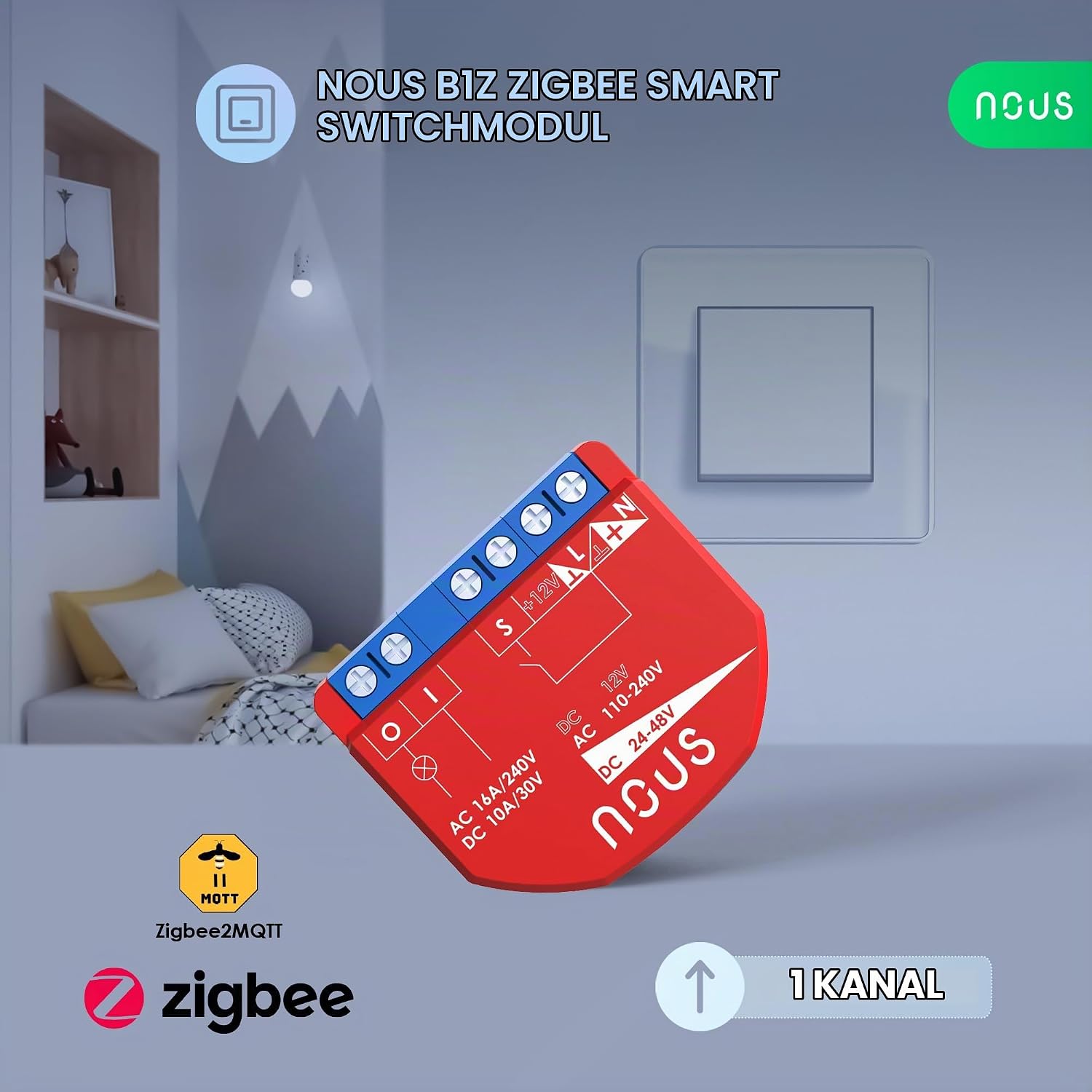Detalle 2 de NOUS B2Z ZigBee-modul med effektmätning, torrkontakter och en kanal