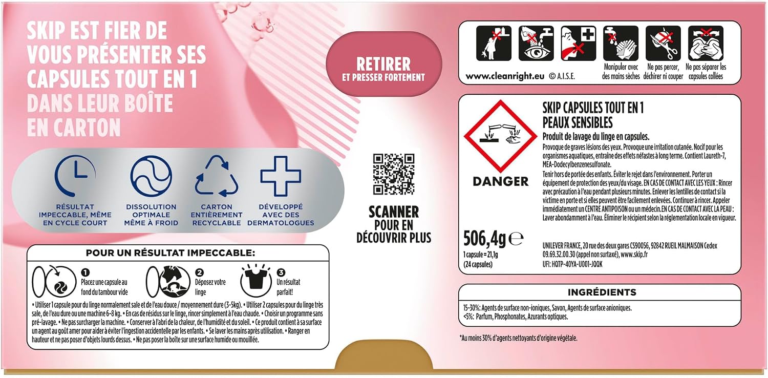 Detalle de SKIP Lessive capsules Peaux sensibles 72 lavages