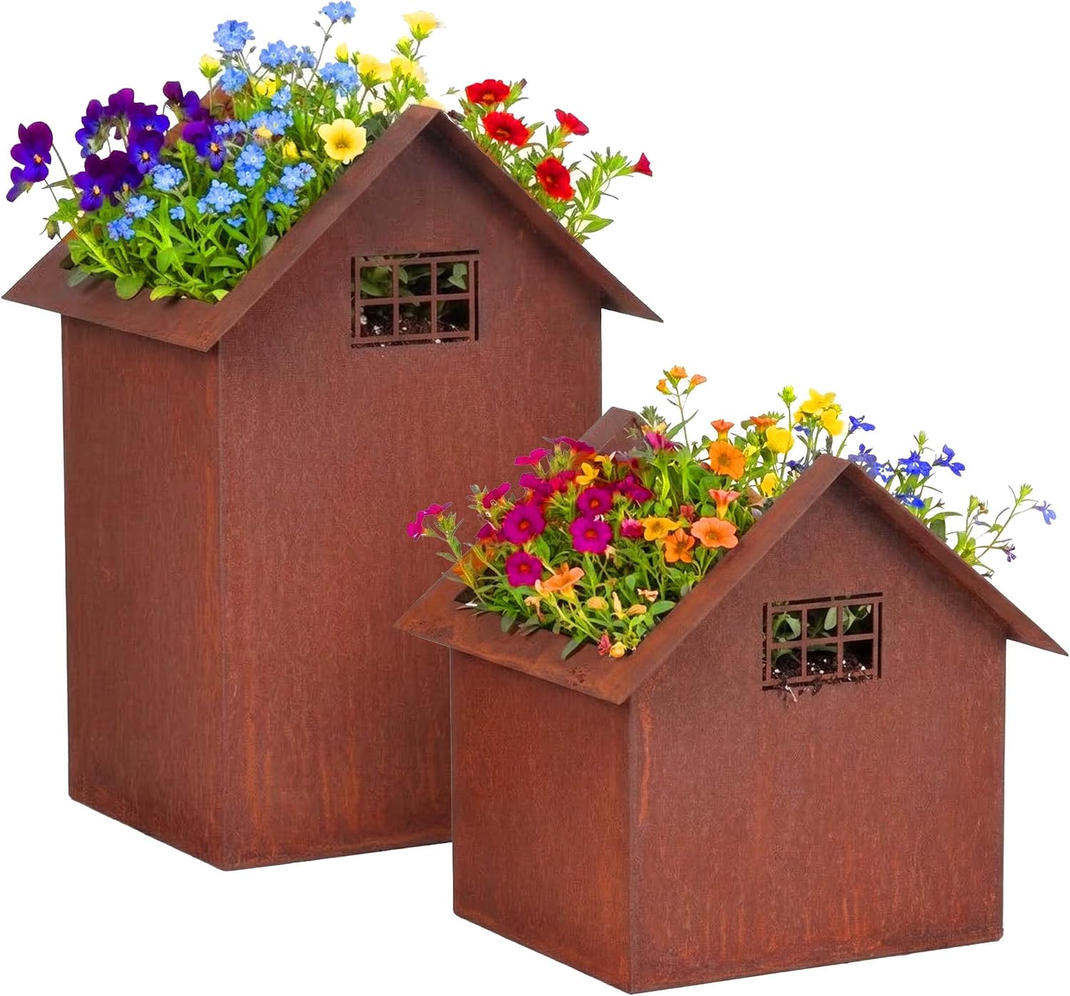 Detalle de Relaxdays dekorationshus i stål, 2-pack med rostfinish för blommor och ljus