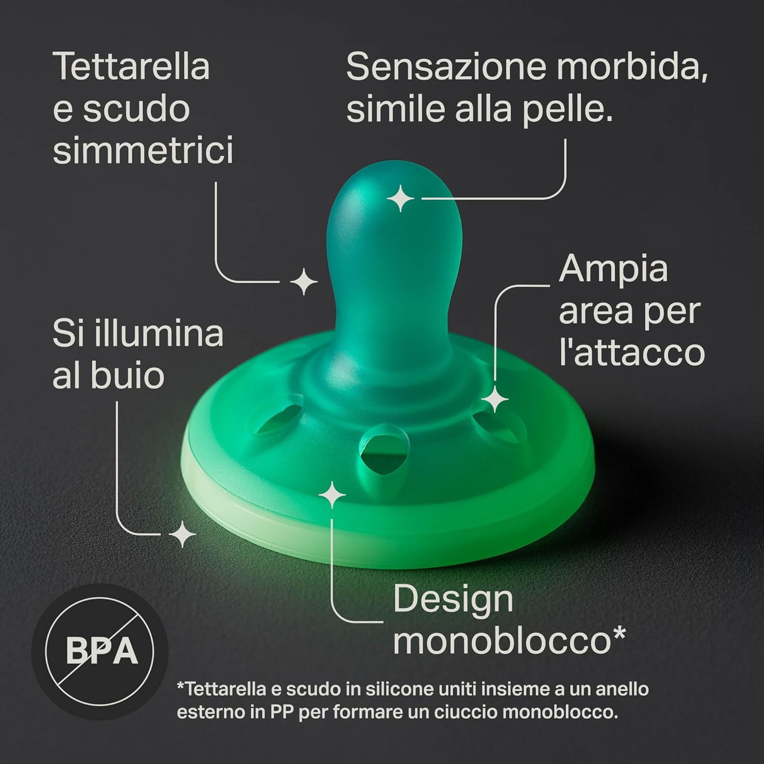 Detalle 2 de Tommee Tippee Ciuccio Simile al Seno Night Glow 6-18 Mesi – Confezione da 4, Tettarella Orthodontica in Silicone