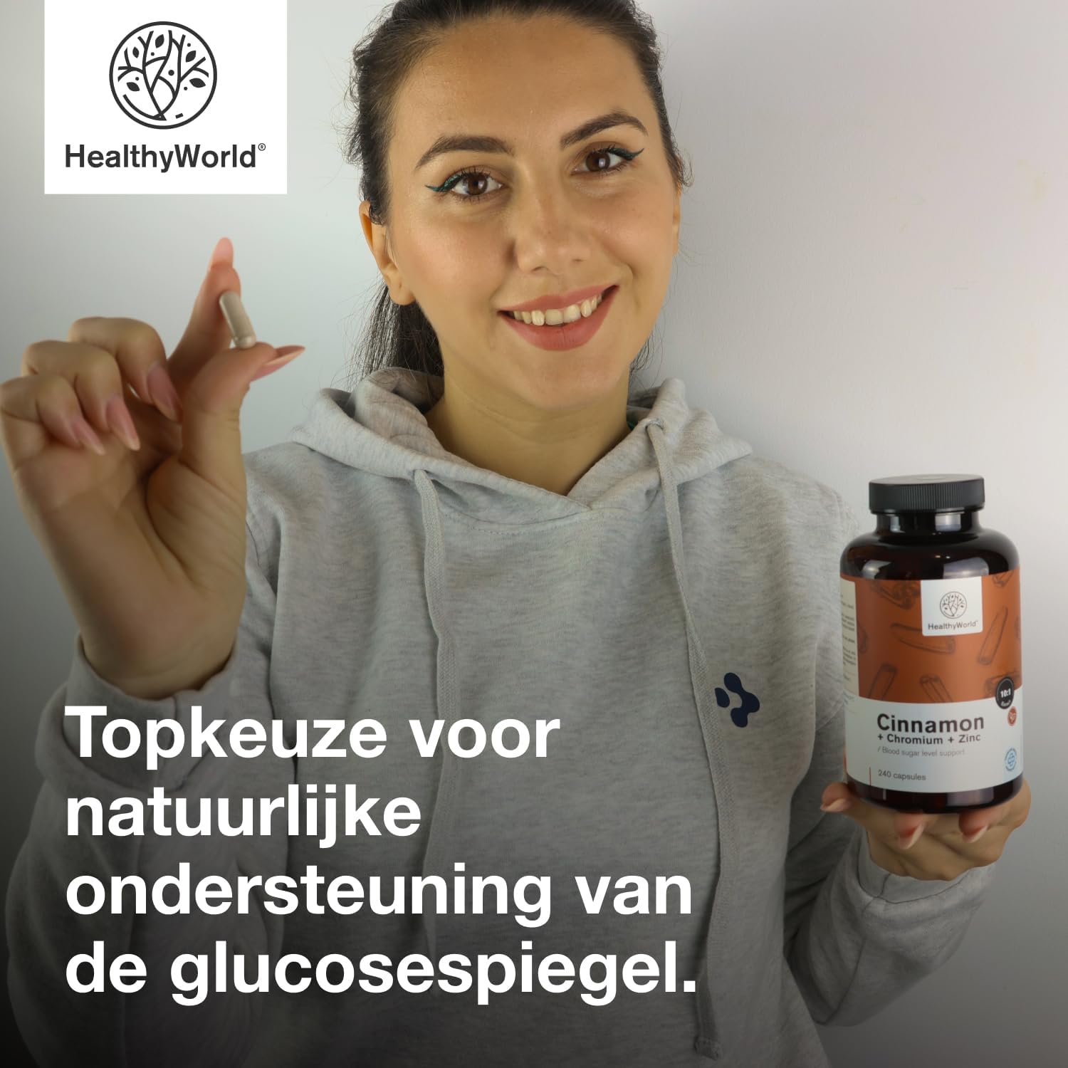 Detalle 1 de HealthyWorld Kaneel met Chroom en Zink capsules, 240 stuks, vegetarisch