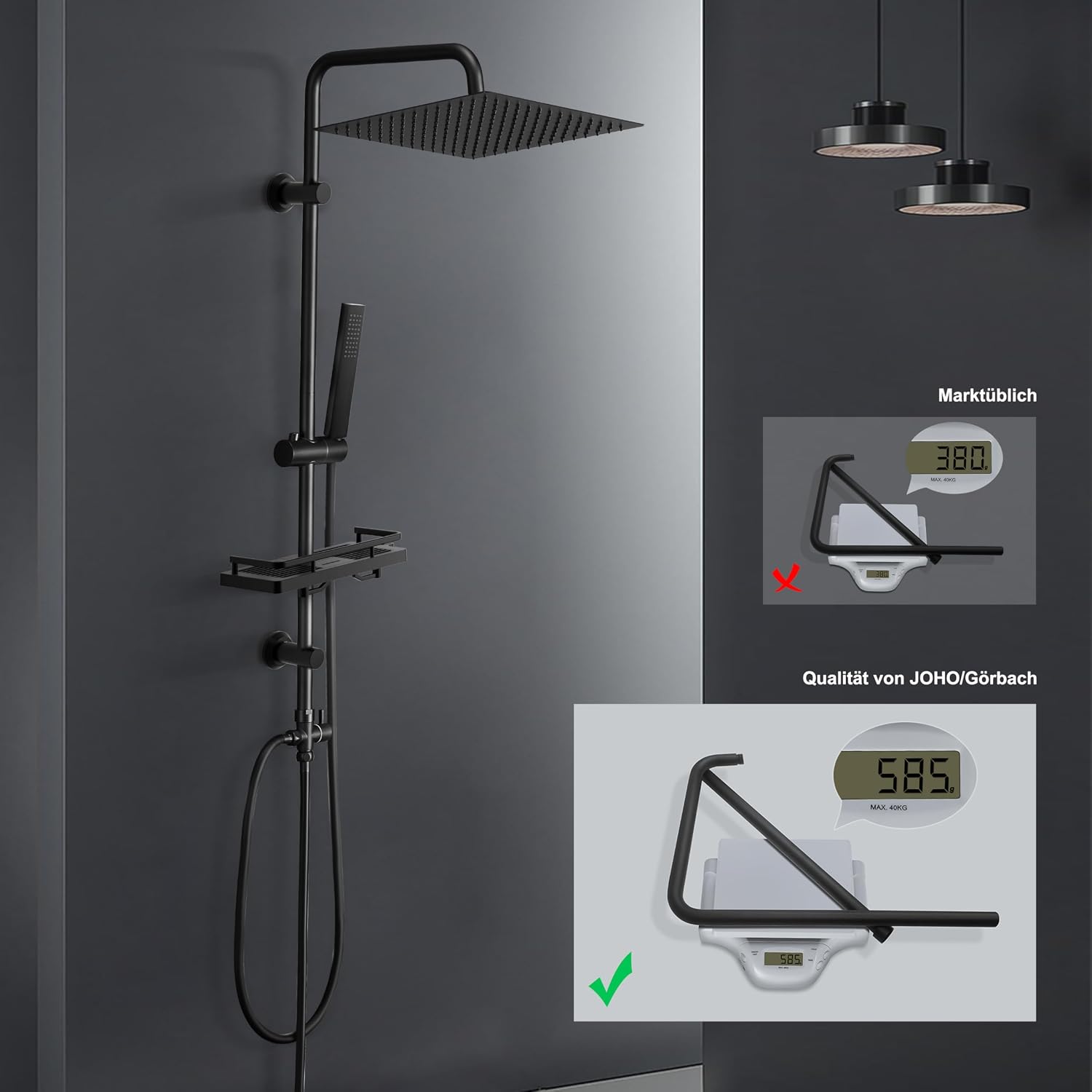 Thumbnail 6 de Görbach Colonna Doccia in Acciaio Inox senza Miscelatore con Soffione 30×30 cm, asta regolabile e mensola, set doccia a pioggia Nero