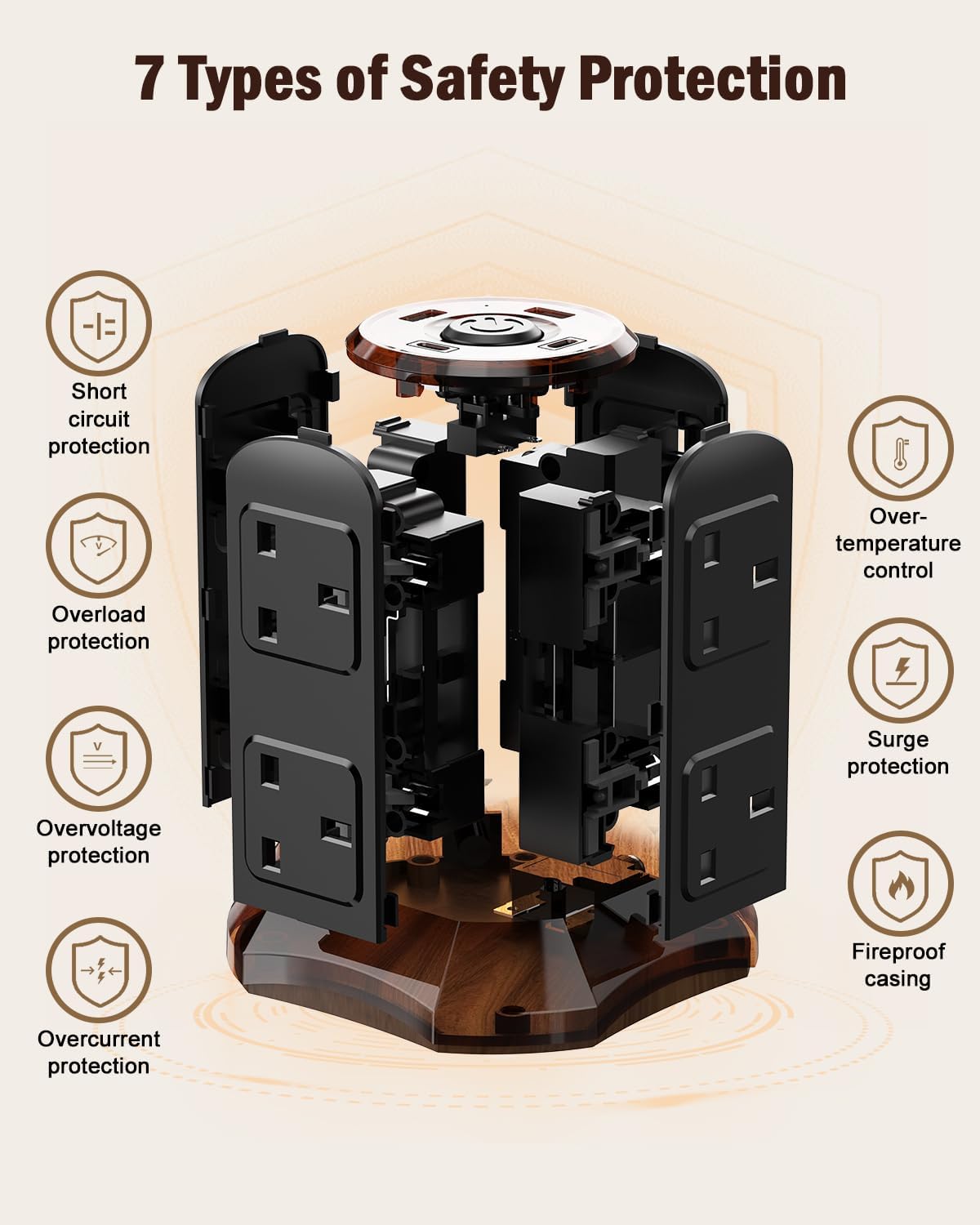 Thumbnail 5 de TOPREK Wooden Grain Tower Extension Lead with USB Slots (1800J Surge) – 8 AC + 2 USB-C + 2 USB-A, 2m