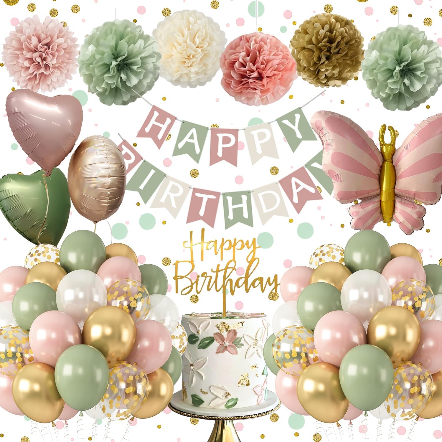 Detalle de Dusty Pink & Green Birthday Decorations Set: A Romantic, Versatile Party Kit