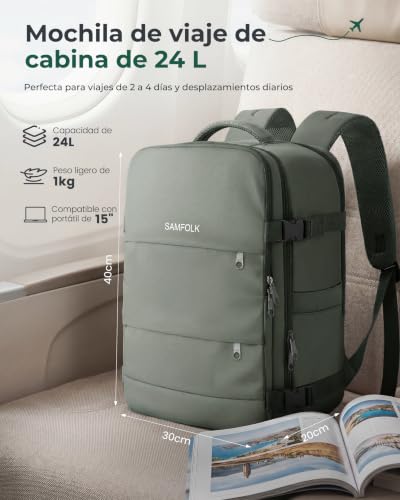 Detalle 2 de Samfolk Mochila 40x30x20 24L: mochila de viaje con 11 bolsillos y cierre antirrobo para cabina