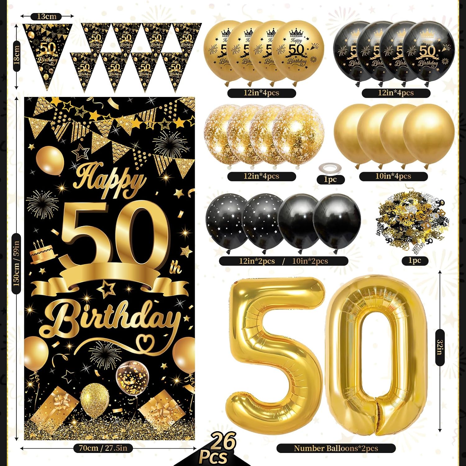 Detalle de AivaToba 50th Birthday Decorations – Black & Gold Party Set